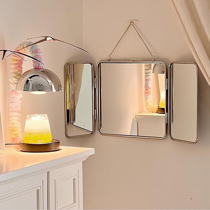 30 * 60cm Modern Tri-Fold Glass Mirror with Chain, Foldable Vanity Makeup Mirrors, Home Wall-Mounted Bathroom Mirror with Metal Frame for to See Back of Head