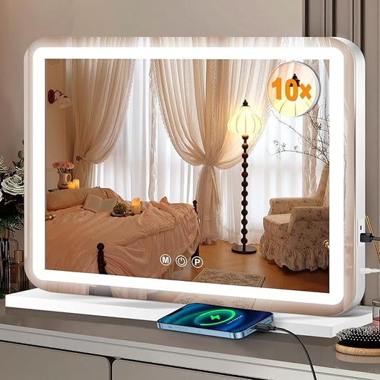 23" x 18" Vanity Mirror with Lights, Led Makeup Mirror, Lighted Makeup Mirror with 3 Color Dimmable Lights, Smart Touch Screen Control, Aluminum Metal Frame,USB Charging Port
