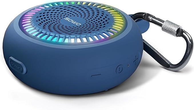 SOWO Shower Bluetooth Speaker Waterproof - Small Portable Wireless Clip Speaker with Louder Volume and Powerful Bass - Colorful Lights and 10H Playtime - Lightweight for Camping,Kayak,Boat - Blue
