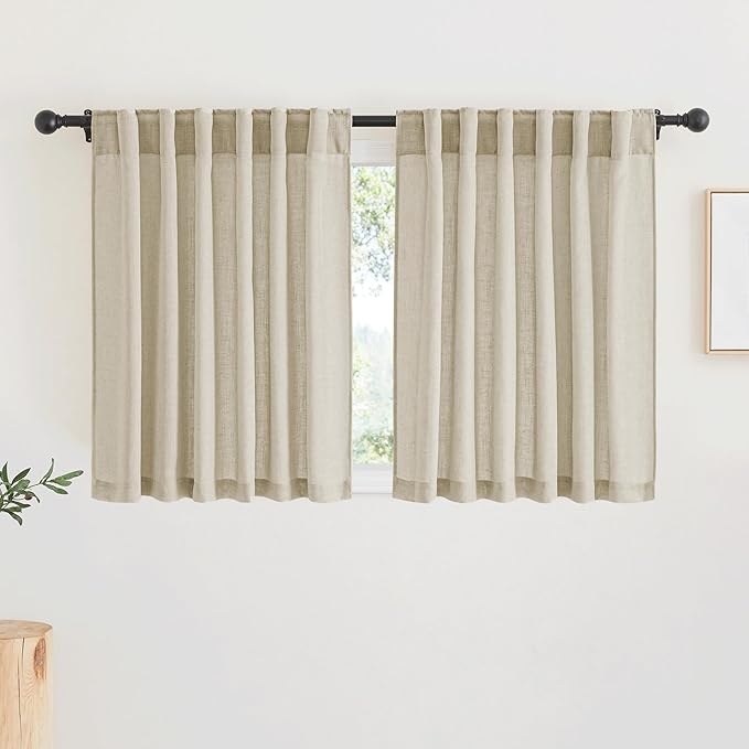 RYB HOME Semi Sheer Curtains Linen Texture Translucent Privacy Small Drapes Sunlight Filter Small Window Panels for Farmhouse Bunk Bed, Kitchen, Dining, Villa, W 52 x L 36 inch, 2 Pcs, Beige