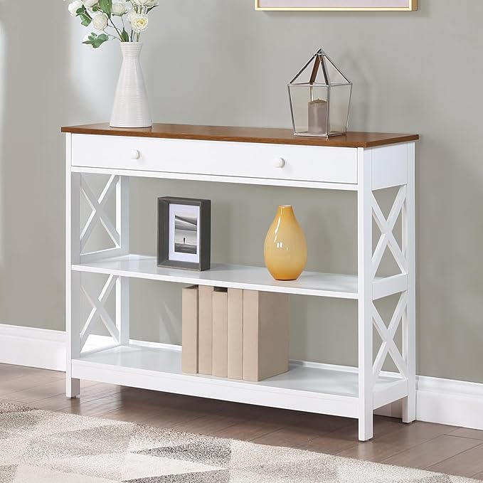 Convenience Concepts Oxford 1-Drawer Console Table 39.5" - Farmhouse Sofa Display with Storage Shelf For Living, Family, & Dining Room, Modern Entryway Hall Table for Kitchen, Bedroom, Driftwood/White