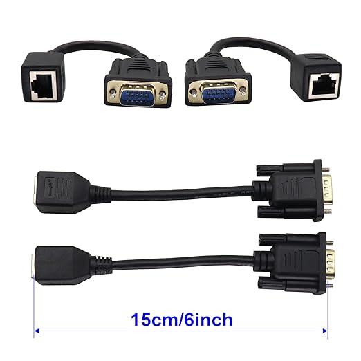 VGA Extender Network Adapter VGA to RJ45 Cable,VGA 15-Pin Port Male to RJ45 Female Cat5/6 Ethernet LAN Console for Multimedia Video and Extend Distance of VGA Devices (15Cm/6Inch,2PACK)