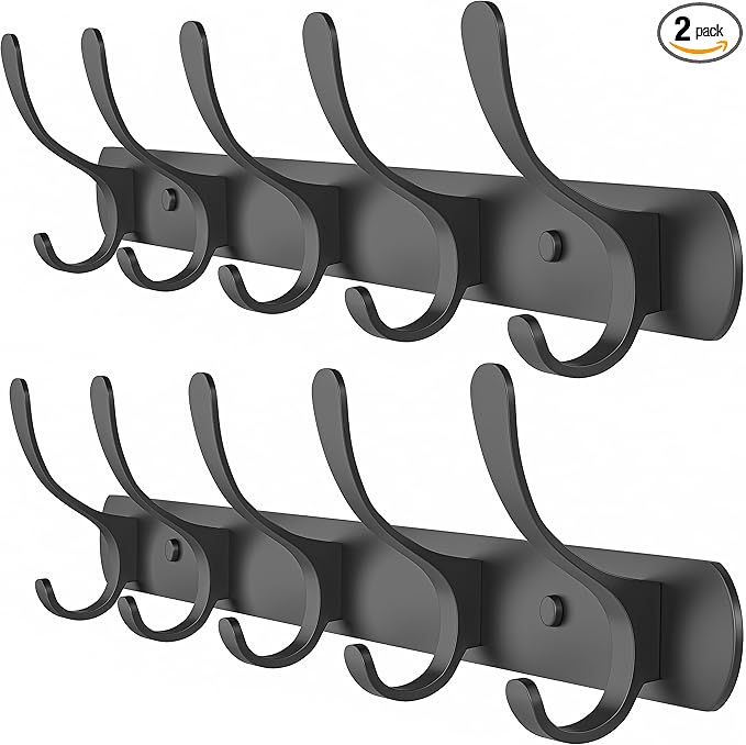 Black Coat Rack Wall Mounted - 16 Inch Heavy Duty Stainless Steel Matte Finish Wall Hook Rack - 5 Double Coat Hooks for Hanging Towels, Bags, Hat - Bathroom Entryway - 2 Pack