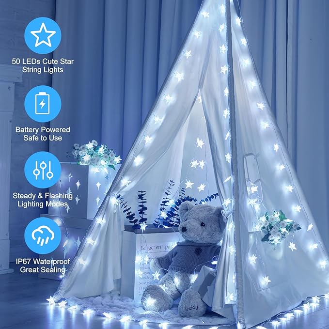 Minetom Star String Lights Battery Operated - 2 Pack 17 ft 50 LED Star Fairy String Lights with Timer, Waterproof for Indoor Bedroom Tent Loft Bed Patio Party Wedding Decor, White