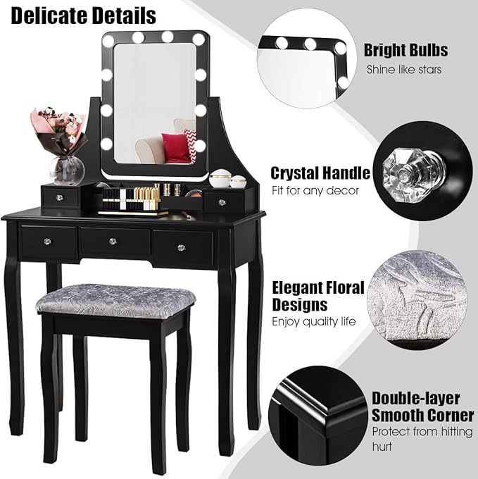 CHARMAID LED Vanity Desk with Lighted Mirror, 10 Dimming Bulbs, 5 Drawers, 3 Storage Organizers, Makeup Vanity Desk with Stool, Bedroom Dressing Table, Gift for Girls Women (Black)