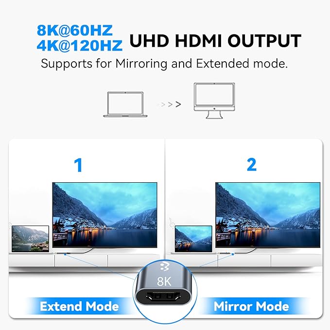 8K USB C to HDMI Adapter, Type-C Male to HDMI 2.1 Female Cable, (8K@60Hz,4K@120Hz,4K@30Hz,,2K@240Hz) ,Thunderbolt 4/3 HDR HDCP 2.3, for MacBook Pro/Air,iPad Pro,XPS,S22,iPhone 15 Series Galaxy S23