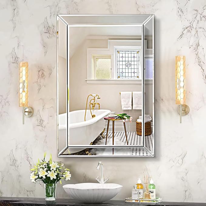 Pregaspor Frameless Bathroom Mirror - 20" x 30" Rectangular, Polished Beveled Edge for Washroom