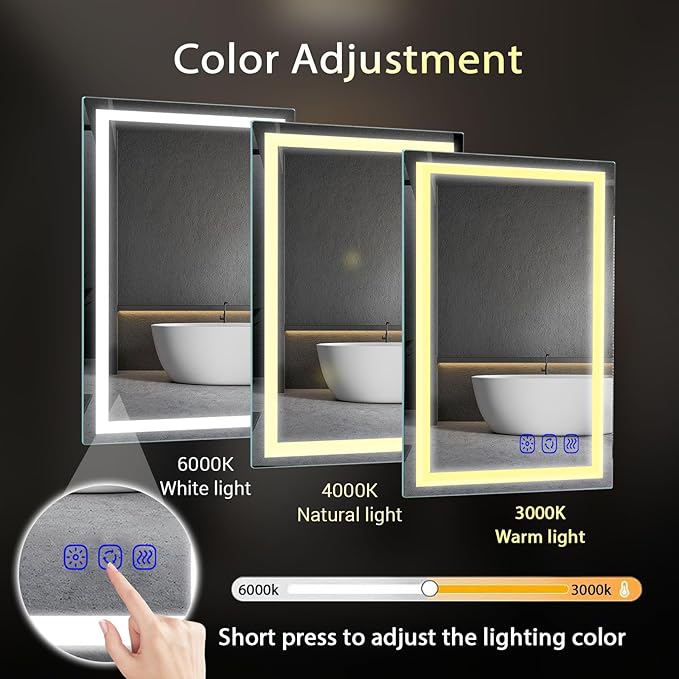 LED Bathroom Mirror with Lights 36"x24" Smart Wall-Mounted LED Mirror Lighted Bathroom Mirror with Stepless Dimmable,Touch Screen Button, Anti-Fog, Memory Function, Adjustable Colors