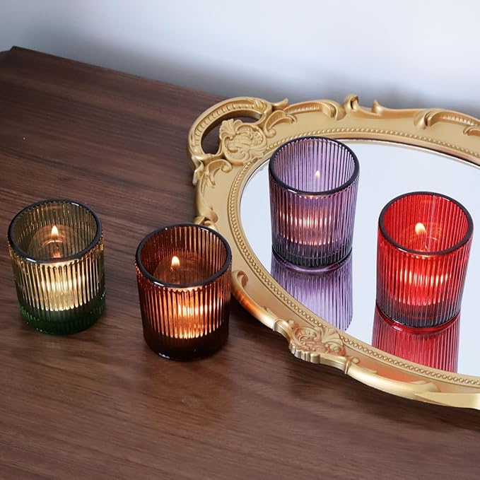 VOHO 4 Colors Ribbed Votive Candle Holders for Fall Decor, Set of 12 Tealight Candle Holder Easter/Halloween/Thanksgiving Decorations, Christmas Tea Light Candle Holder Glass Dining Table Centerpiece