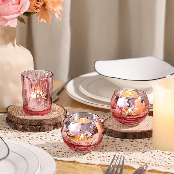 Pink 12 PCS Combination Tea Lights Candle Holder Decorative with Butterfly Pattern, Votive Candle Holders for Wedding, Birthday, Anniversary, Parties, and Holiday Decorations