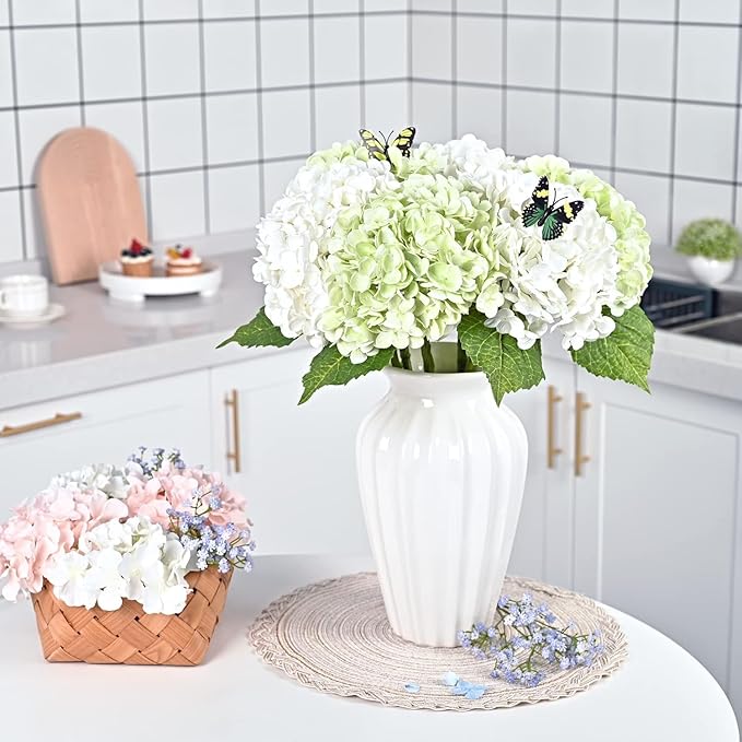 21" Real Touch Green Hydrangea Artificial Flowers with Long Stem & Leaves, Full Latex Faux Hydrangea Flowers for Home Decor Party Floral Arrangements Wedding Bouquets Centerpieces, 4Pcs