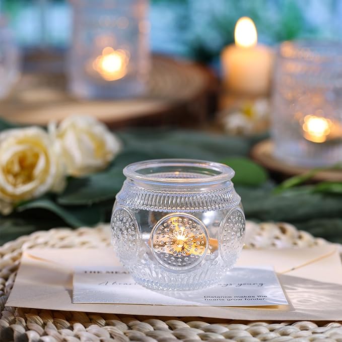 DARJEN 48Pcs Clear Votive Candle Holders - Glass Tea Light Candle Holder, Candle Holders Bulk, Embossed Candle Votives for Wedding Centerpiece & Home Decor