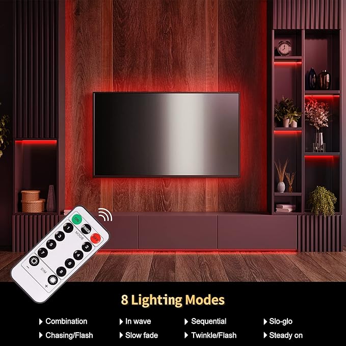 echosari LED Strip Lights Battery Powered, 90 LED Red 2835 SMD Strip Lights 9.8 Ft Cuttable Self-Adhesive Strip Lights with Remote Timer for Outdoor Indoor Party Bedroom Decoration
