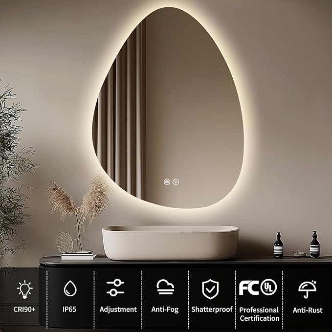 LED Light Bathroom Mirror 24x32, Stepless Dimmable Irregular LED Mirror with 3 Colors, Anti-Fog, Memory, Al-Alloy Lampshade, Frameless Makeup Mirror for Bathroom (Horizontal/Vertical)