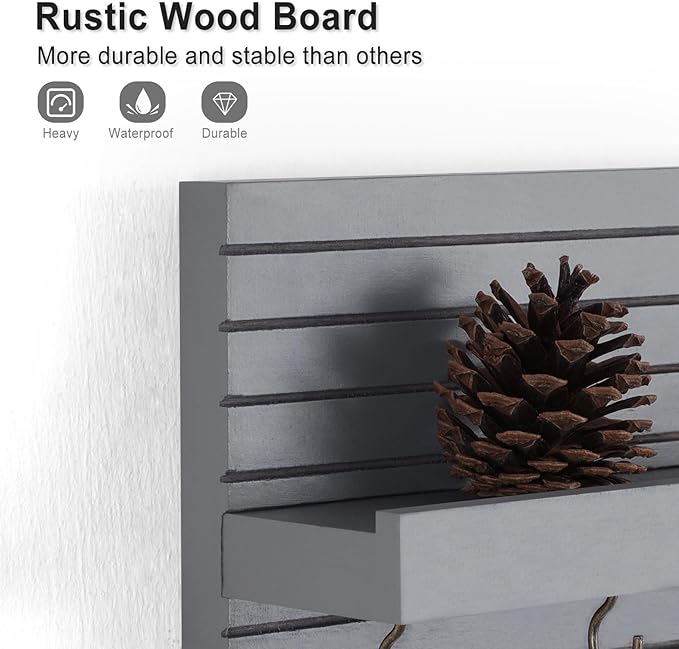 Decorative Key Holder for Wall with Shelf, Entryway Shelf with Hooks Holds Leashes, Jackets and Glasses – Sturdy Wood Keyholder Entrance Hanger with Mounting Hardware (Gray, Medium)