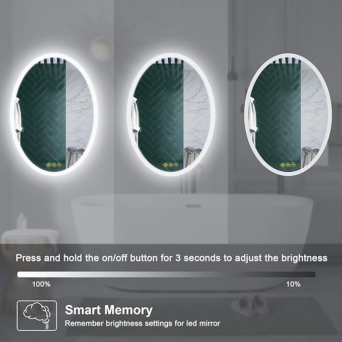 Wall-Mounted LED Oval Bathroom Mirror, Makeup Mirror (28 inches x 20 inches,) 3 Color Stepless Dimmable Memory Bathroom Vanity Mirror with Lights CRI90+ 3000-6400K Smart Mirror with Touch