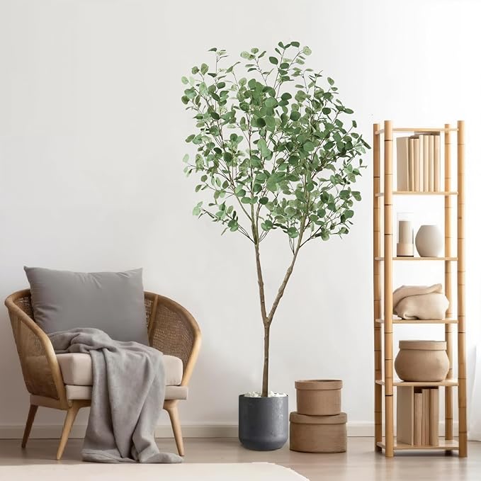 Faux Eucalyptus Tree 7ft(82in) Artificial Potted Tree for Indoor Decor Large Realistic Potted with Silk Leaves and Natural Wood Trunk for Home Living Room,Office Foyer,Porch Decor.