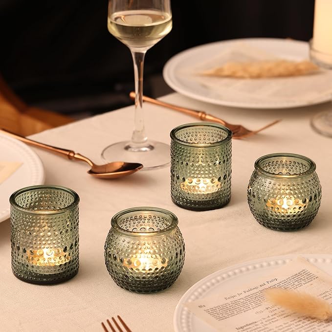 16 Pcs Assorted Green Votive Candle Holders- Glass Tealight Candle Holder for Wedding Table Decor, Green Candle Holders for Christmas, Vintage Party Table Decor