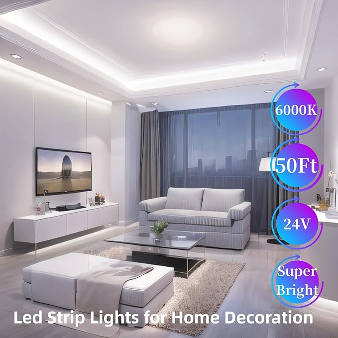 RadiantFlux White Led Strip Lights, Dimmable LED Lights Strip, 50Ft 900Leds, Super Bright LED Tape Lights for Living Room, Bedroom, Kitchen, Vanity Mirro,Flexible LED Light Strips for Indoor Use