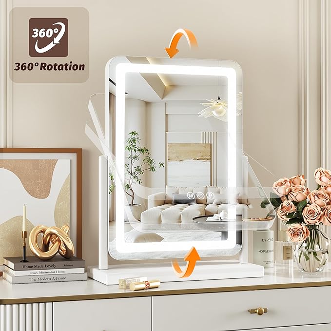 Vanity Mirror with Lights, 18"x13" Hollywood Lighted Makeup Mirror for Tabletop & Bedroom 3 Color Lighting Modes Smart Touch Control 360° Rotation Detachable