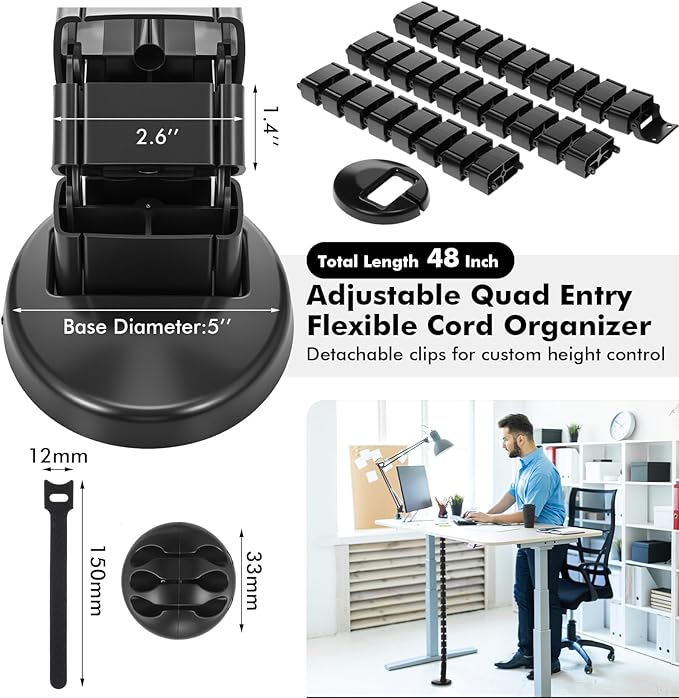 Yaomiao 4 Pack Under Desk Vertebrae Cable Management Kit Standing Desk 48'' Adjustable Quad Entry Flexible Cord Organizer with Ties, Stick-on Clips Cable Management Set for Home User Office Worker
