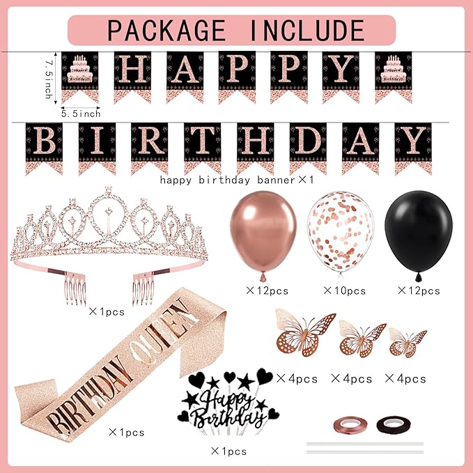 Rose Gold Black Birthday Decorations for Girls Women - 54pcs Happy Birthday Banner, Crown Sash, Cake Topper, Confetti balloons, 3D Butterflies Decor, 4 Balloon Stands kits