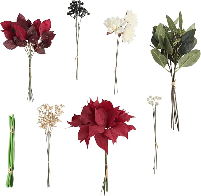 Floroom Artificial Greenery Stems Box Set, 41pcs with 7 Kinds of Faux Greenery Flowers Picks for DIY Bridal Bouquets Wedding Floral Arrangement Table Centerpieces, Marsala & Ivory