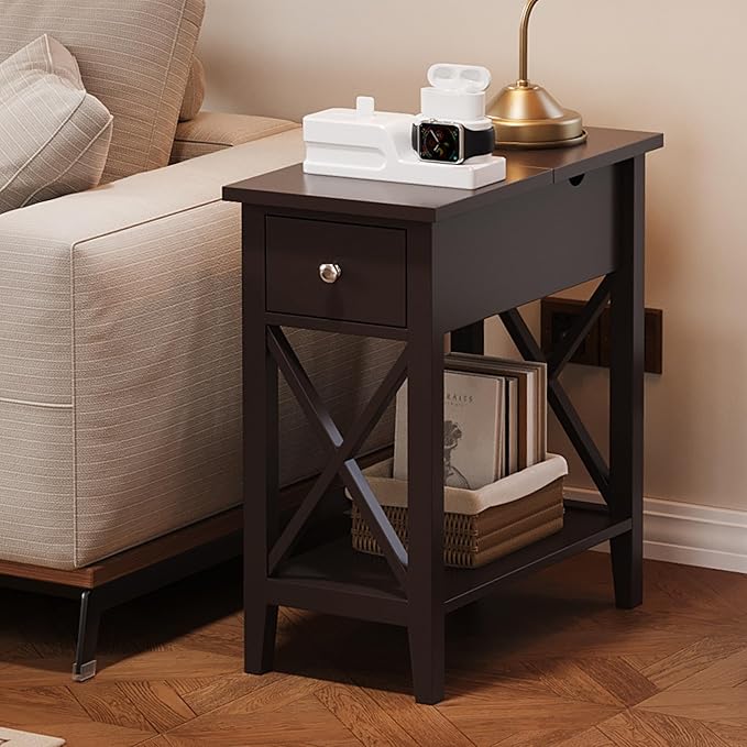 ChooChoo End Table, MDF Material Flip Top Narrow End Table with Drawer, Accent Small Side Table Nightstand for Living Room, Bedroom, and Small Spaces - Espresso