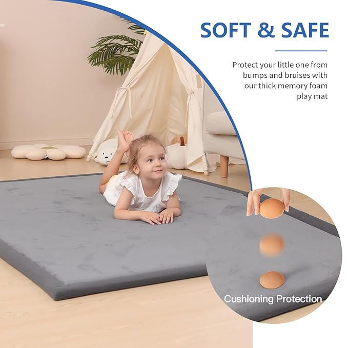 Baby Play Mat for Floor,1.3" Thick Memory foam Tummy Time Mat,Soft Coral Velvet Nursery Rug,Extra Large Non Slip Crawling Mats for Toddlers,Infants,kids,Yoga Mats & Tatami Style for Living Room(Dark Gray)