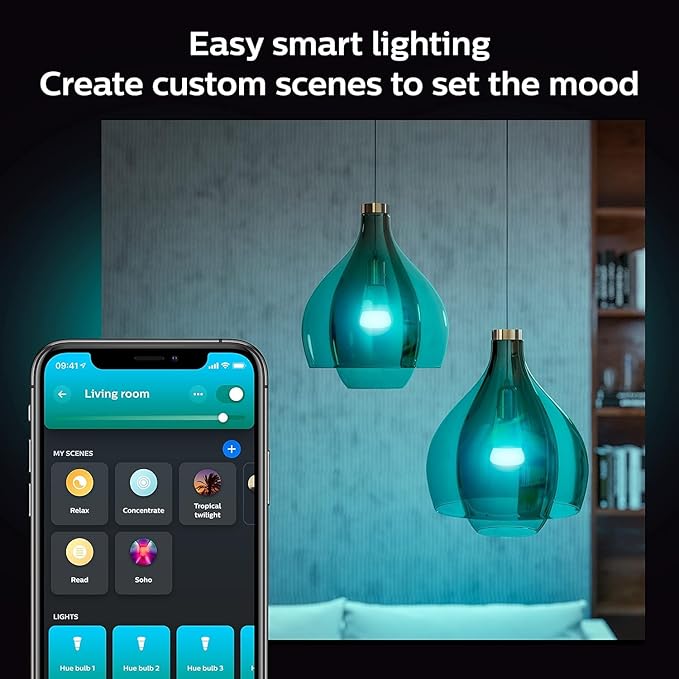 Philips Hue Smart Light Starter Kit - Includes (1) Bridge, (1) Smart Button and (3) Smart 75W A19 LED Bulbs - White and Color Ambiance - 1100LM - E26 - Control with Hue App or Voice Assistant