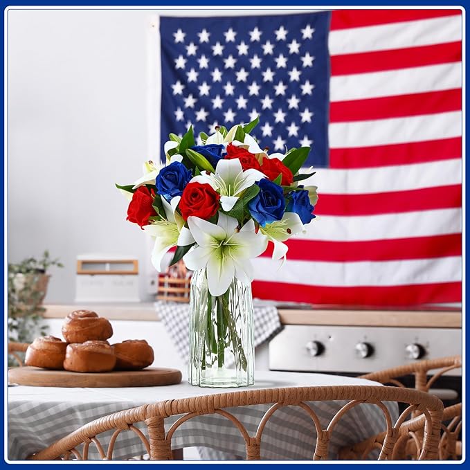 Hotop 20 Pcs Artificial Flowers Velvet Realistic Roses and Latex Lilies Flowers Bouquet Decorations Arrangements for Home Table Centerpieces Independence Day(Red,Blue,White)