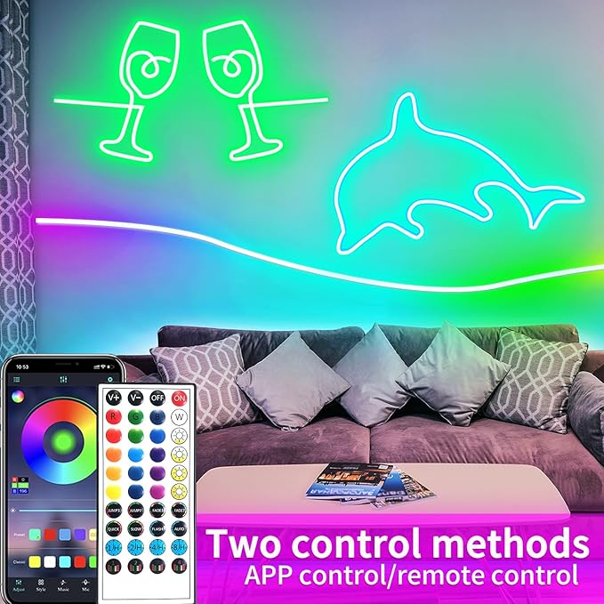100ft LED neon Lights with Remote APP Control IP65 Waterproof Flexible Neon LED Strip Lights 24v RGB LED neon Rope Lights for Bedroom Room Outdoors Decor（2 Rolls of 50ft