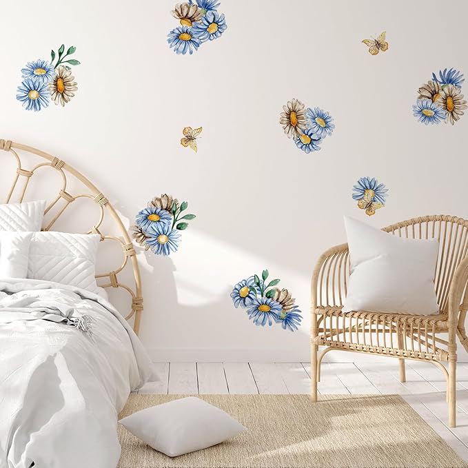 YouRfocus Blue Daisy Wall Decals | 33 PCS Boho Flower Stickers for Girls' Rooms, Playrooms, and Nurseries | Dual Layer Print for High Coverage | Removable Peel and Stick Wall Decor | 6 Sheets