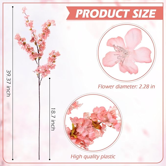 Giegxin Set of 8 Silk Cherry Blossom Branches Cherry Blossom Tree Stems Long Stem Artificial Flowers for Tall Vase Flowers for Home Wedding Vase Floral Arrangements, 39.37 Inch (Pink)