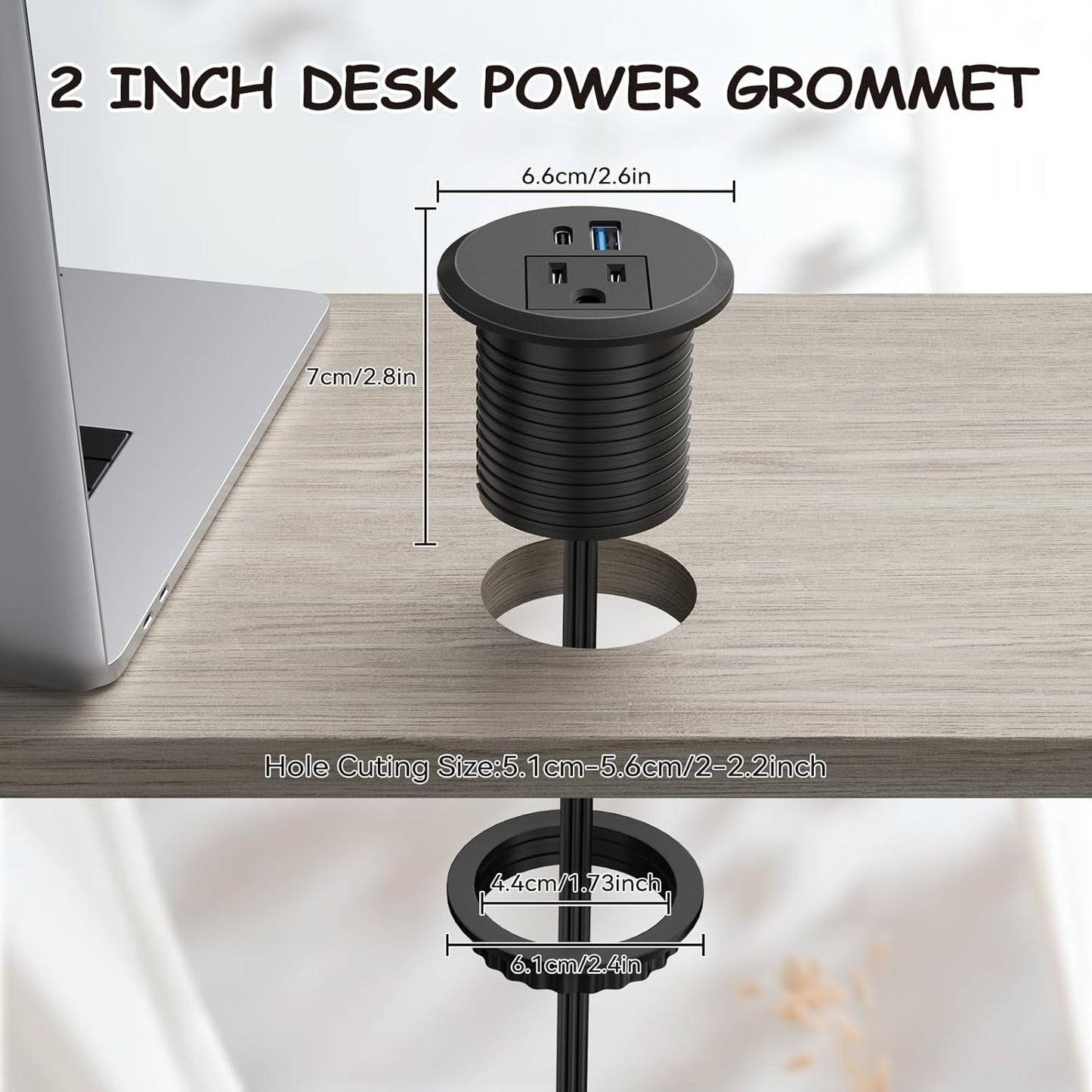 XBA 2inch Desktop Power Grommet - Recessed Power Strip with PD 20W USB C and AC Outlet