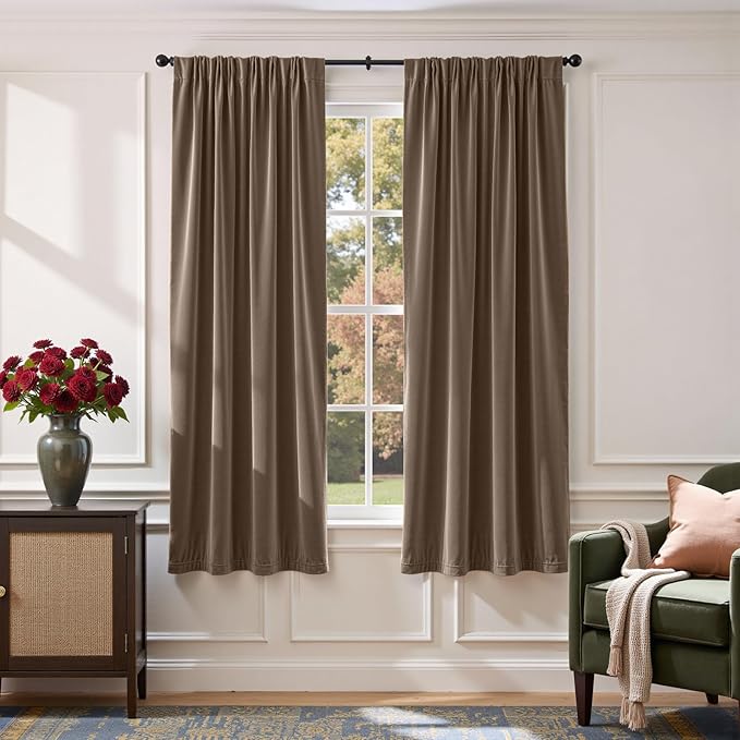 Lazzzy Velvet Blackout Curtains Thermal Insulated Room Window Drapes Super Soft Luxury Curtains for Living Room Bedroom Rod Pocket 2 Panels, Truffle, 52" W x 72" L