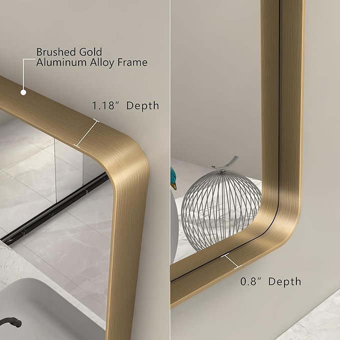 48x30 Inch Gold Bathroom Mirror for Wall, Brushed Brass Metal Framed Gold Vanity Mirror, Rounded Rectangle Golden Mirror, Shatterproof, Anti-Rust (Horizontal/Vertical)