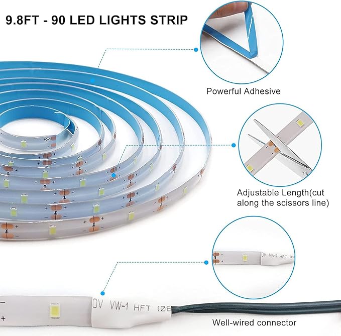 LED Strip Lights Battery Operated, 9.8ft 90 LED Strip Lights with Remote Control Timer Dimmable, Waterproof Flexible Lights Strip for Indoor Outdoor Table Bedroom Boat Kitchen - White