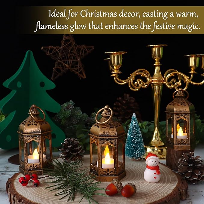 LLQ 12Pcs Mini Lantern with LED Tea Light, Garden Fairy Party Decorations, Battery Included, Vintage Lanterns Decorative, Hanging Candle Lanterns for Halloween Christmas Wedding Table Centerpiece