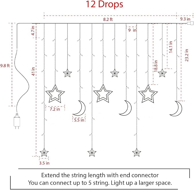 Christmas LED Curtain String Lights - 18FT 12 Drops 138 LED Star Moon Hanging Lights with Remote, 8 Modes, 6H Timer, Waterproof Connectable Window Lights for Indoor Outdoor Holiday Decorations