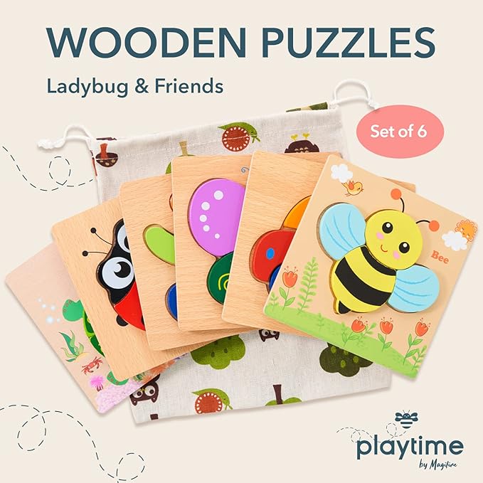 MAGIFIRE Wooden Puzzles 12-18 Months - Multicolor 6-Pack Animal & Vehicle Shapes with Storage Bag - Chunky Wood Puzzles for Fine Motor & Hand‐Eye Coordination - Ideal Toddler Gifts Age 1-2