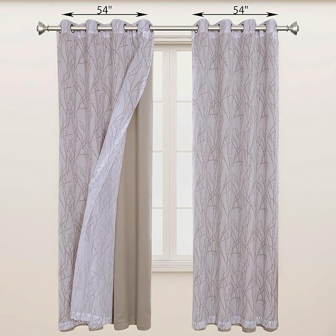 BONZER Mix and Match Curtains - 2 Pieces Branch Print Sheer Curtains and 2 Pieces Blackout Curtains for Bedroom Living Room Grommet Window Drapes, 54x84 Inch/Panel, Taupe, Set of 4 Panels