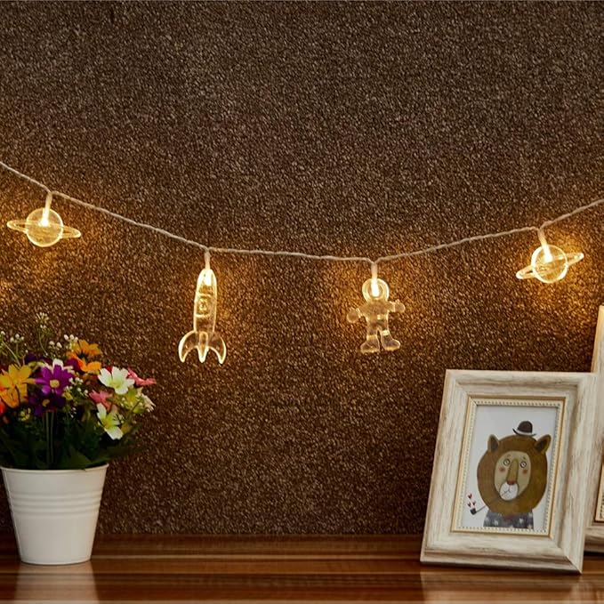 AceList 10 LED Children's Room LED String Light Astronaut Spaceship Rocket Pendants Holiday Party Lights Wall Window Nursery or Kids Room Decor Wedding Around The Garden Patio Christmas (Warm White)