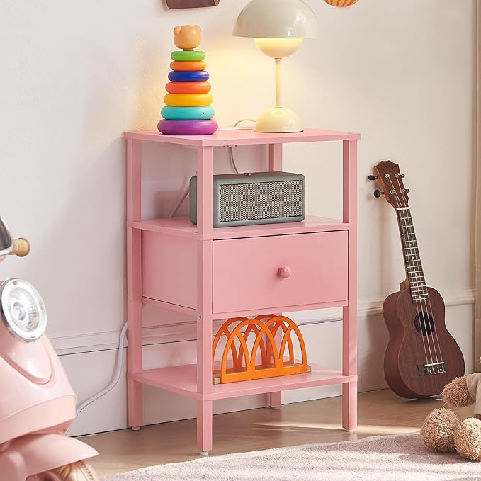 Lerliuo Nightstand with Charging Station and USB Ports, 3-Tier Storage Pink End Table with Drawer Shelf, Night Stand for Small Spaces, Wood Bedside Table for Living Room, Bedroom - ‌Light Pink