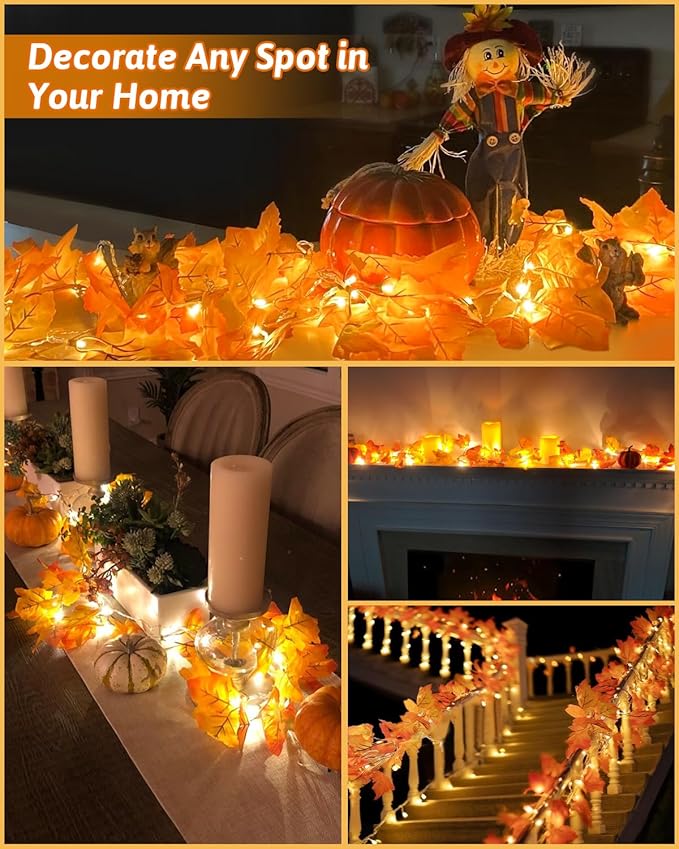 Luditek 8 Lighting Modes & Timer Fall Decorations for Home Maple Leaf Garland with Lights 40LED Battery Operated Waterproof String Lights, Thanksgiving Halloween Fall Decor Indoor Outdoor Autumn