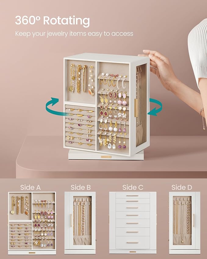 SONGMICS Jewelry Box 360° Rotating, Jewelry Storage Case with 7 Drawers, Jewelry Organizer, Glass Window, Spacious, Vertical Jewelry Storage, Open Design, Great Gift, Cloud White UJBC201W01
