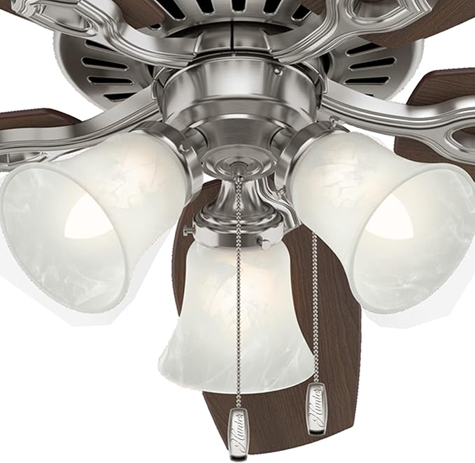 Hunter 52 inch Indoor Ceiling Fan with LED Lights - Ceiling Fan with Pull Chain, For Bedroom or Living Room, Standard Mount, No Remote, 5 Blades, Includes Bulbs - Builder Plus 53237, Brushed Nickel