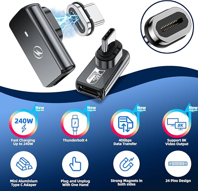 USB C Magnetic Adapter 240w, (2 Pack) 90 Degree Magnetic USB C Adapter 24 Pin with PD Fast Charging USBC 4 40Gbps 8K 60Hz for Thunderbolt 3/4, MacBook Pro/Air and More Type C Devices