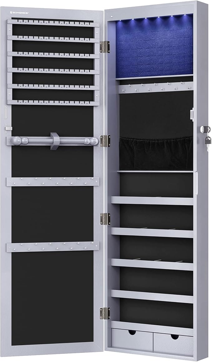 SONGMICS 6 LEDs Mirror Jewelry Cabinet, 47.2-Inch Tall Lockable Wall or Door Mounted Jewelry Armoire Organizer with Mirror, 2 Drawers, Christmas Gift, 3.9 x 14.6 x 47.2 Inches, Gray
