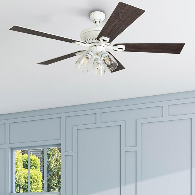 Prominence Home Glenmont, 52 Inch Farmhouse LED Ceiling Fan with Light, Pull Chain, Three Mounting Options, Dual Finish Blades, Reversible Motor - 50389-01 (Distressed White)